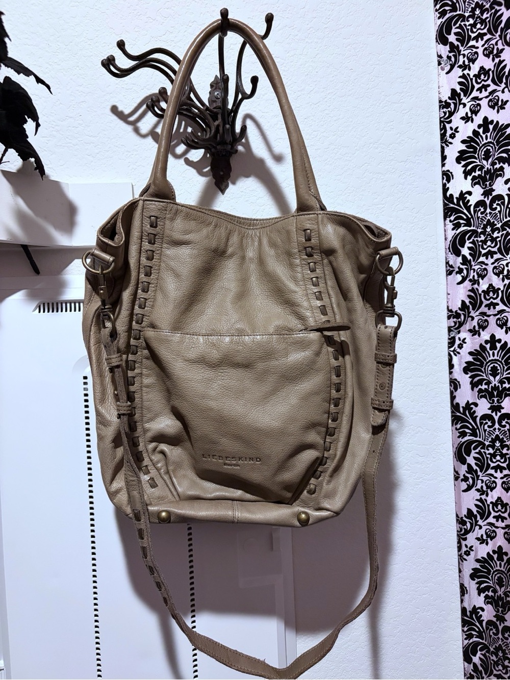 LIEBESKIND Berlin Slouchy Sandstone Leather Crossbody Handbag w/brass detail